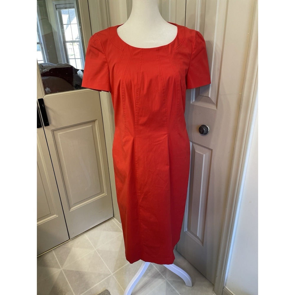 Rena Lange Sheath Dress Size 8 Career 3/4 Sleeve‎ Cocktail Lined Pleated Red